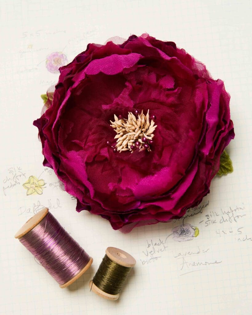 The handmade Magenta Peony brooch from Helena Simon