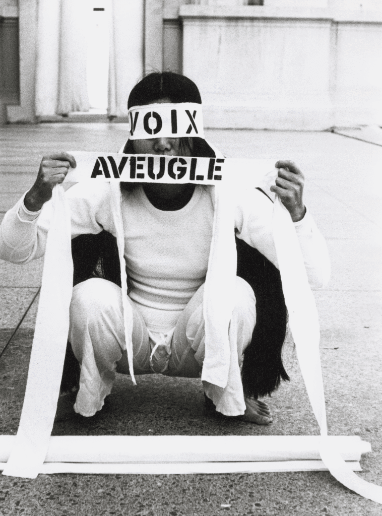 Theresa Hak Kyung Cha's "Aveugle Voix," 1975. Documentation of performance rehearsal at Greek Theater, University of California, Berkeley. In the exhibition "Theresa Hak Kyung Cha: Multiple Offerings" at Berkeley Art Museum (Gift of the Theresa Hak Kyung Cha Memorial Foundation)