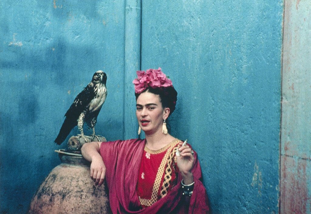Nickolas Muray, “Frida with Her Pet Eagle, Coyoacán,” 1939, printed 2024, at the Museum of Fine Arts, Houston (© Nickolas Muray Photo Archives)