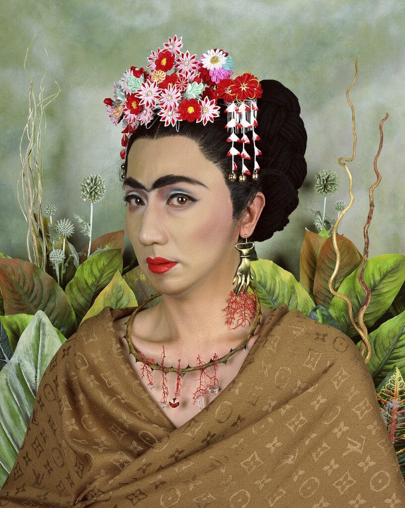 Yasumasa Morimura, “An Inner Dialogue with Frida Kahlo (Hand-Shaped Earring),” 2001, at the Museum of Fine Arts, Houston (Collection of the Minneapolis Institute of Art. © Yasumasa Morimura, courtesy the artist and Luhring Augustine, New York)
