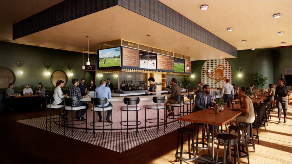 Set to open this summer in the former Bottled Blonde space on Morton Street, the Fort Worth location of Dirdie Birdie will pair a full-service restaurant and expansive bar with lounge-driven gathering spaces and a 12-hole indoor mini golf course inspired by iconic local landmarks. (Courtesy rendering)