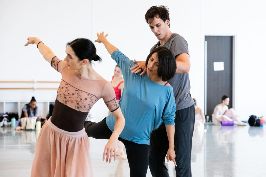Houston Ballet former principals Beckanne Sisk and Chase O’Connell with choreographer Annabelle Lopez Ochoa rehearse “Delmira” in 2023. (Photo by Lawrence Elizabeth Knox. Courtesy Houston Ballet.)