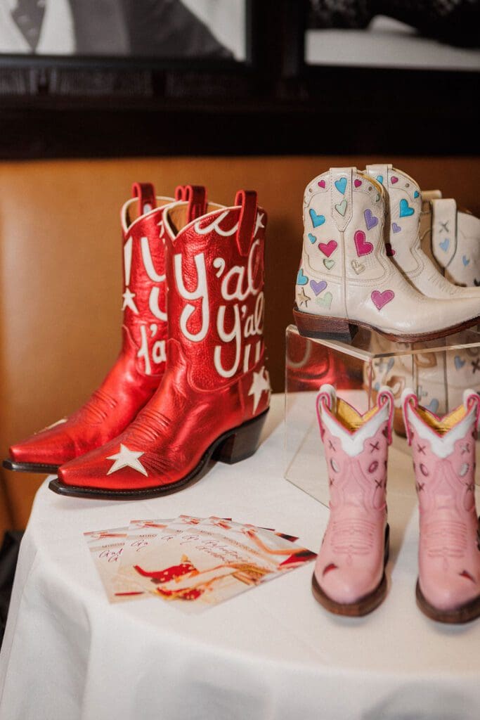 Miron Crosby boots on display at the Cotton Foundation Giddy Up Galentine's charitable fundraiser at Maître D. (Photo byJose Rodriguez for Vandelay Companies)