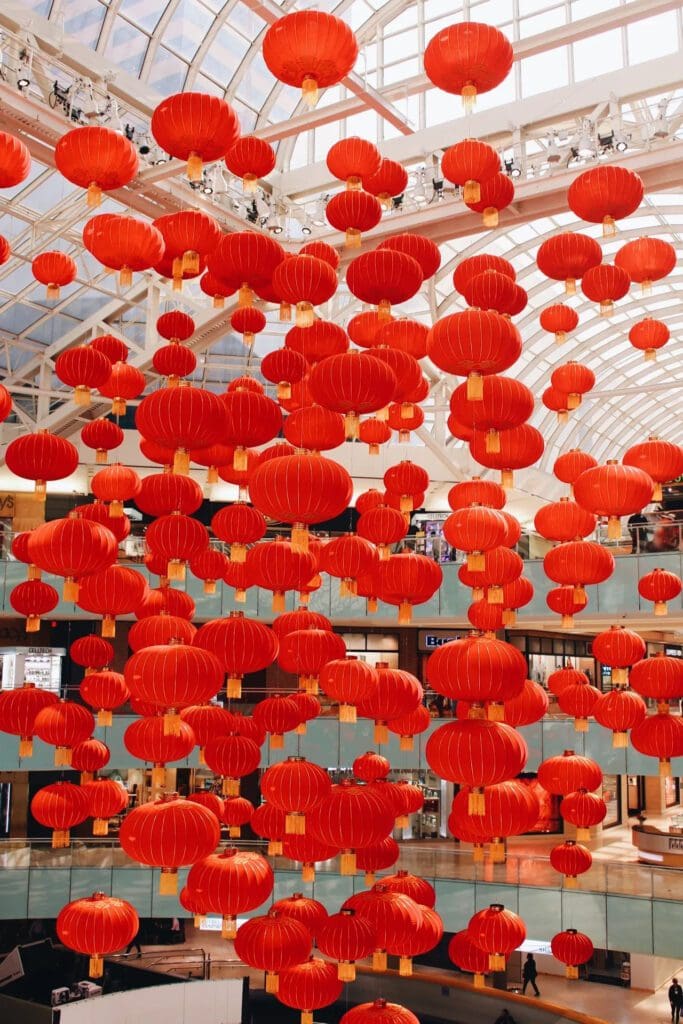 For Lunar New Year, Galleria Dallas installed 250 large-scale, magnificent lanterns suspended over the ice rink. (Courtesy Galleria Dallas)