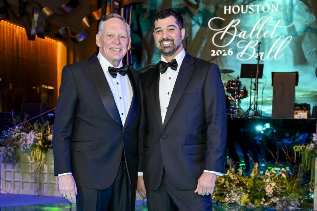 Richard Flowers, Angel Rios at the 2026 Houston Ballet Ball where Flowers was honored for his years of masterful creativity and his support (Photo by Michelle Watson, CatchlightGroup.com)