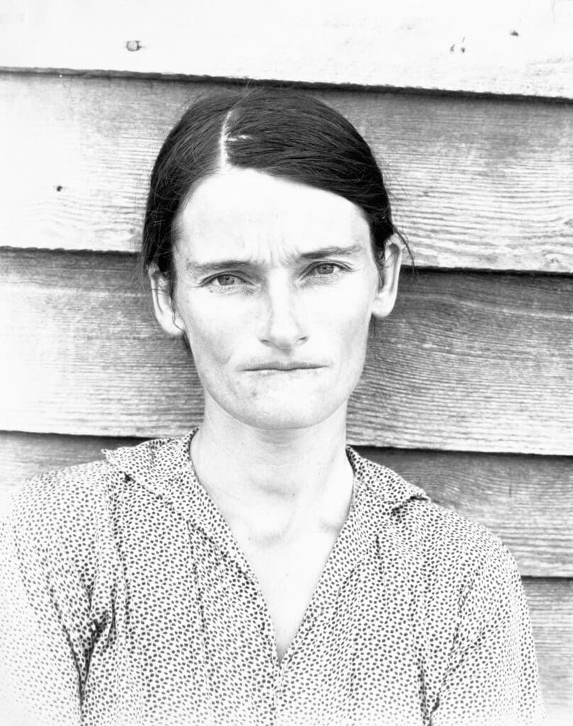 Walker Evans, "Alabama Cotton Tenant Farmer's Wife, Allie Mae Burroughs," 1936, printed before 1939, at The Menil Collection (© Walker Evans Archive, The Metropolitan Museum of Art. Photo by Caroline Philippone)