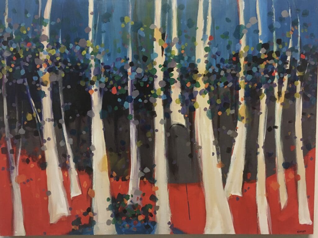 Artist Liz Conces Spencer captures a stylized grove of slender trees at Archway Gallery, where layered color and rhythmic mark-making create depth and movement across the canvas. (Photo courtesy Archway Gallery)