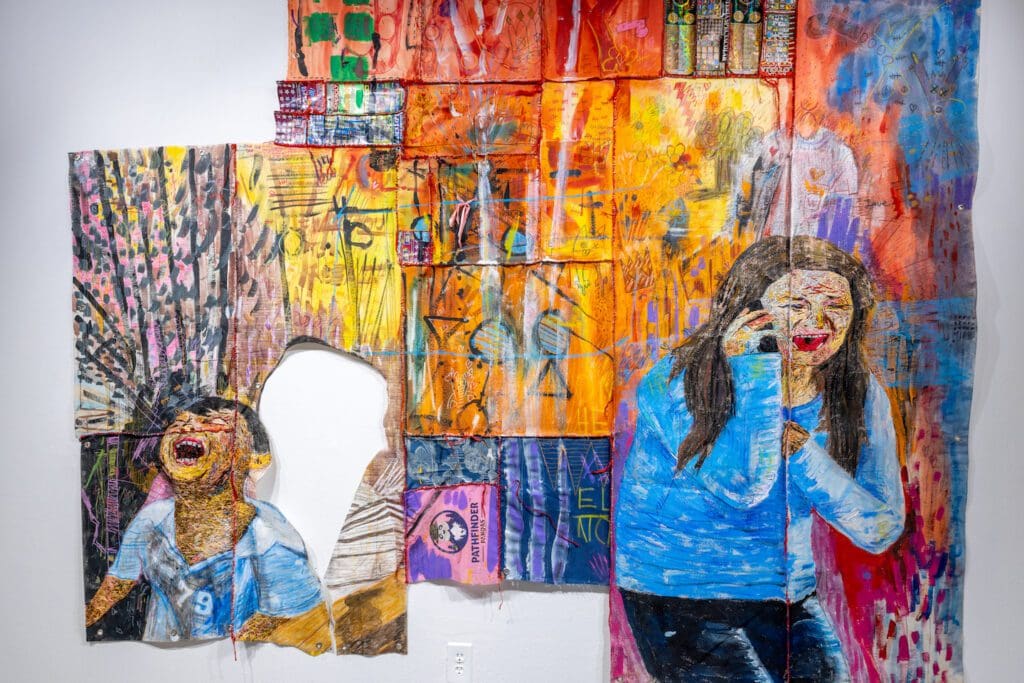 “And I Feel Fine / Y Me Siento Bien VI” (2024–25) by Mateo Gutierrez, made with hand-embroidered thread, acrylic paint, oil pastel, colored pencil and marker on mixed materials, at Art League Houston. (Photo by Alex Barber)
