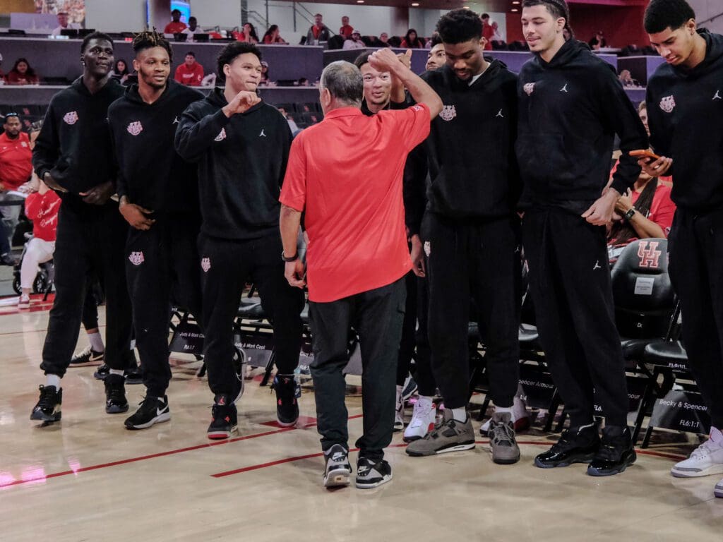 University of Houston coach Kelvin Sampson gathered his team together after the NCAA Tournament Selection Show for a huddle. (Photo by F. Carter Smith)