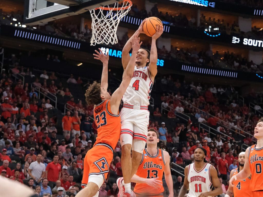 University of Houston point guard Kingston Flemings always tries to get to the rim. (Photo by F. Carter Smith)