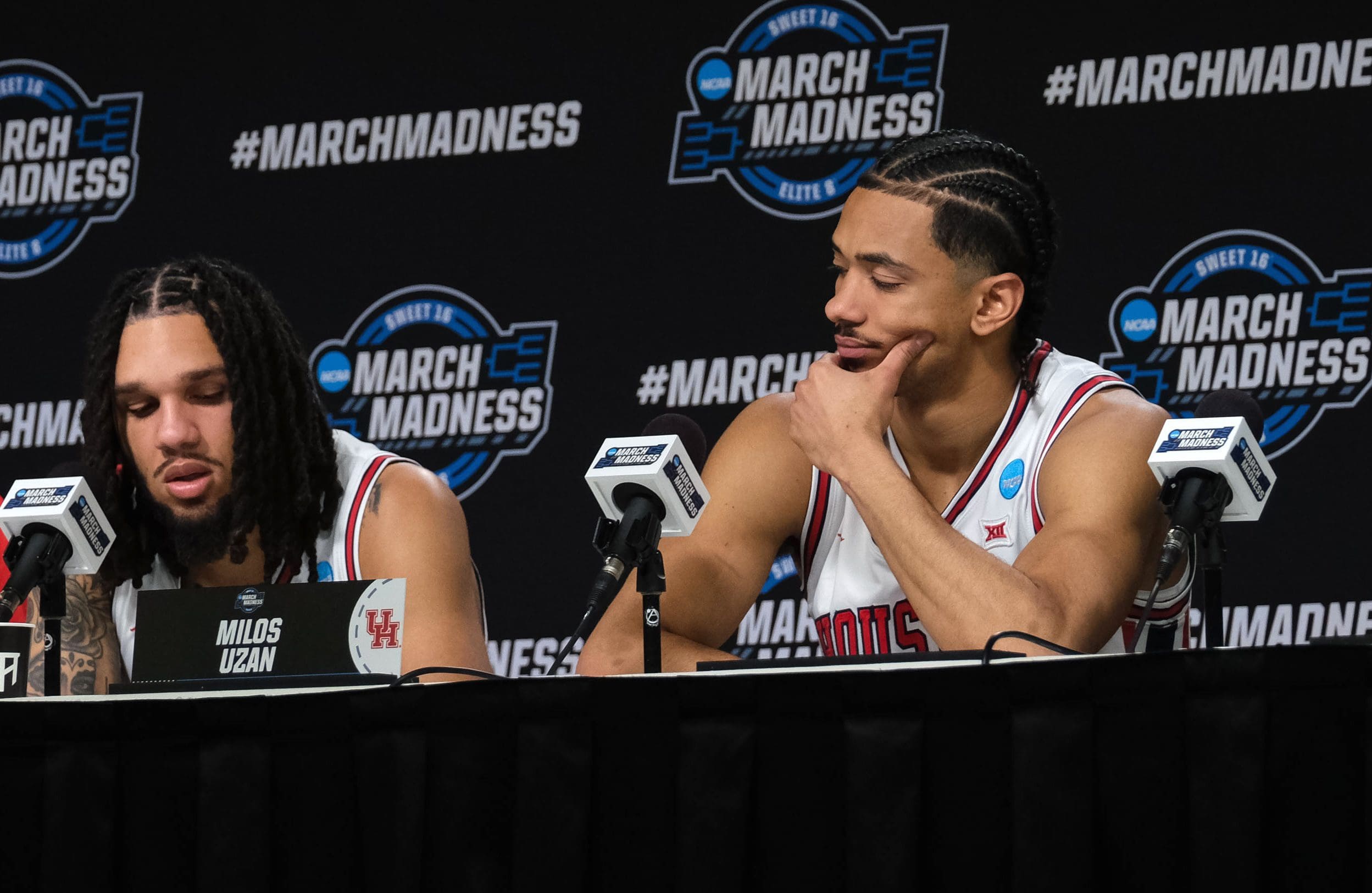 Houston senior guards Emanuel Sharp and Milos Uzan saw their UH runs end. (Photo by F. Carter Smith)