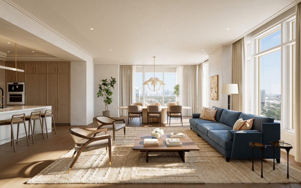 A living/dining area with terrace as planned for the Ritz-Carlton Residences, Houston (Rendering) (Photo by Albert Chen Photography)