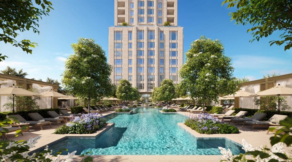 Render of The Ritz-Carlton Residences, Houston hotel courtyard and pool (Photo by Albert Chen Photography)