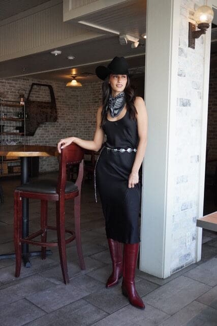 A great accessory like a turquoise belt can turn a slip dress into a rodeo-ready ensemble. (Photo courtesy Pell 1990)
