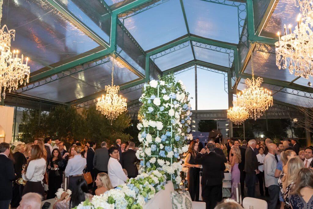 A fully decorated party tent for overflow guests at the gala opening of the Ritz-Carlton Residences, Houston sales office (Photo by Albert Chen Photography)