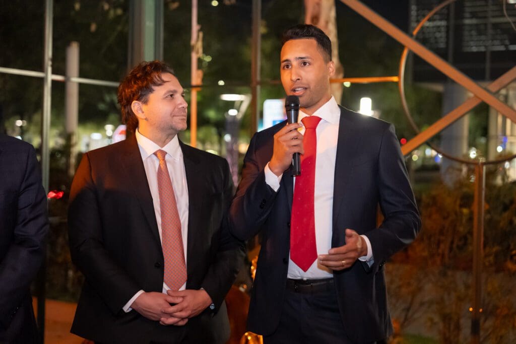 Project developers Andrew Deiso and Taylor Moss at the gala opening of the Ritz-Carlton Residences, Houston sales gallery (Photo by Albert Chen Photography)
