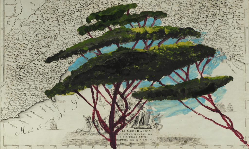 Julian Schnabel, "Portrait of Italy Through Its Trees Painting on Map XXIV," 2026 (© Julian Schnabel Studio. Photo by Tom Powel Imaging)