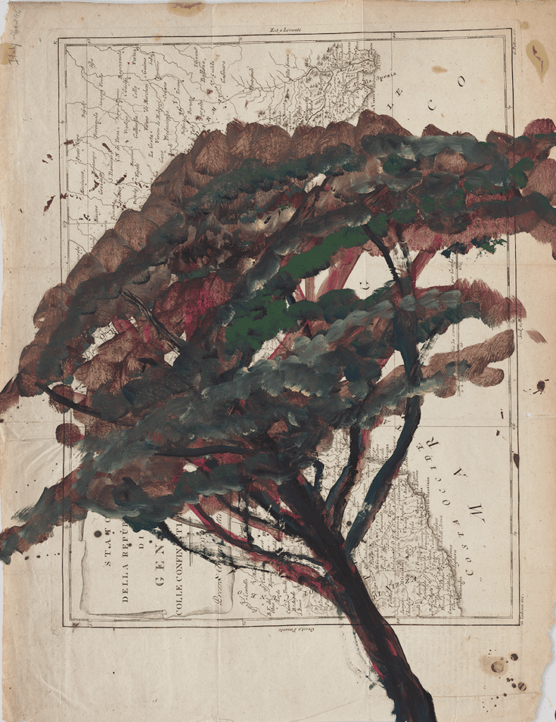 Julian Schnabel," Portrait of Italy Through Its Trees Painting on Map X," 2025 (© Julian Schnabel Studio. Photo by Tom Powel Imaging)