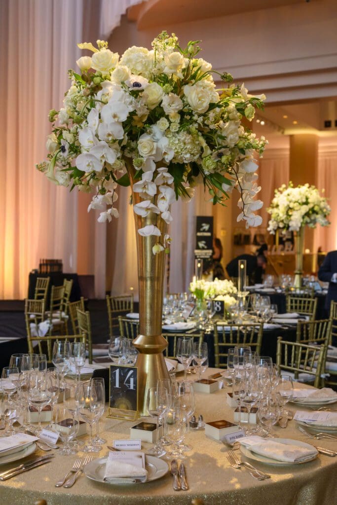 Decor for the 2026 Houston Grand Opera Ball in the Grand Foyer of Wortham Theater Center. (Photo by Michelle Watson/CatchlightGroup)
