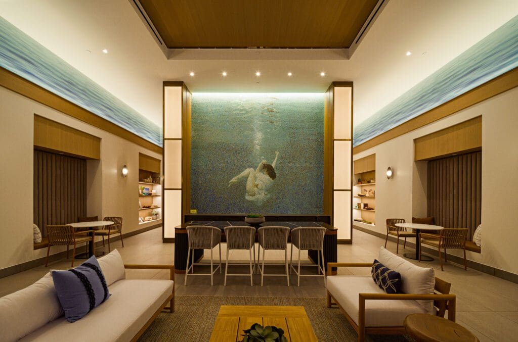 This tile mosaic at 1 Riva Row is based on the photograph "Rebirth" by underwater photographer Mallory Morrison. (Photo courtesy of Howard Hughes Communities)