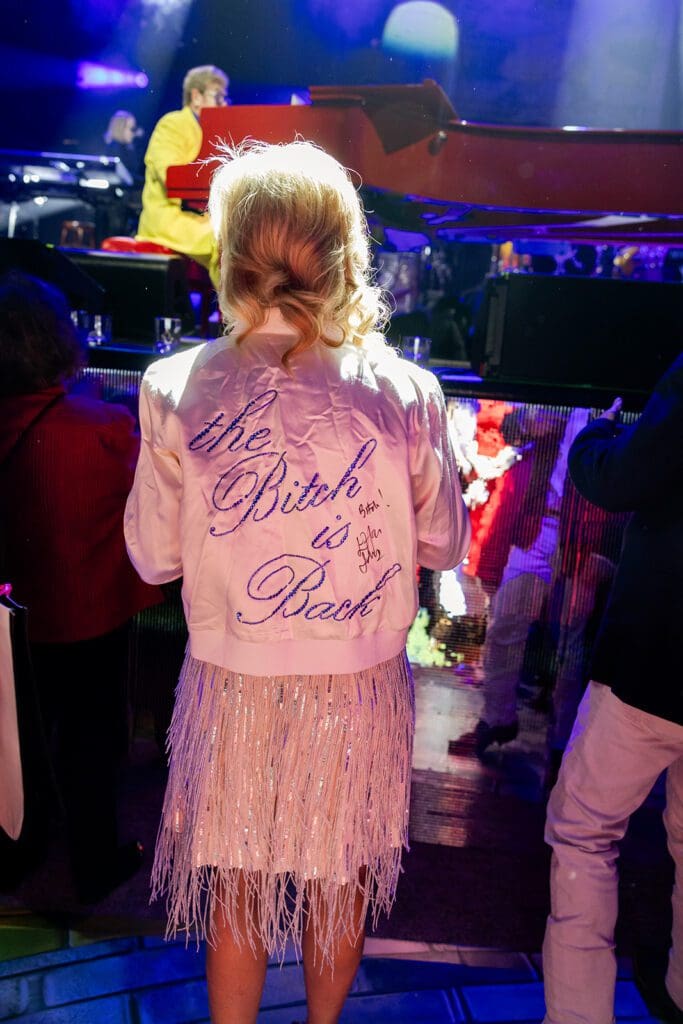 Elizabeth Walraven's custom "The Bitch is Back" jacket, which Elton John signed. (Photo by Anastasiia Photography)