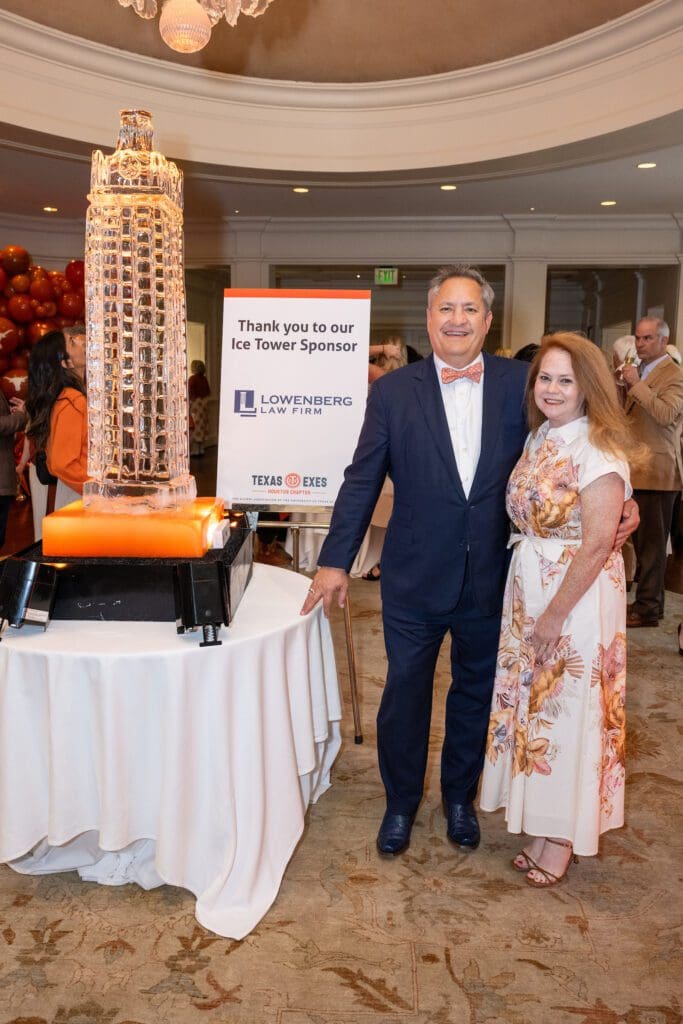 Mike & Katie Lowenberg with the Ice Tower at the Texas Exes scholarship ball (Photo by Jacob Power)