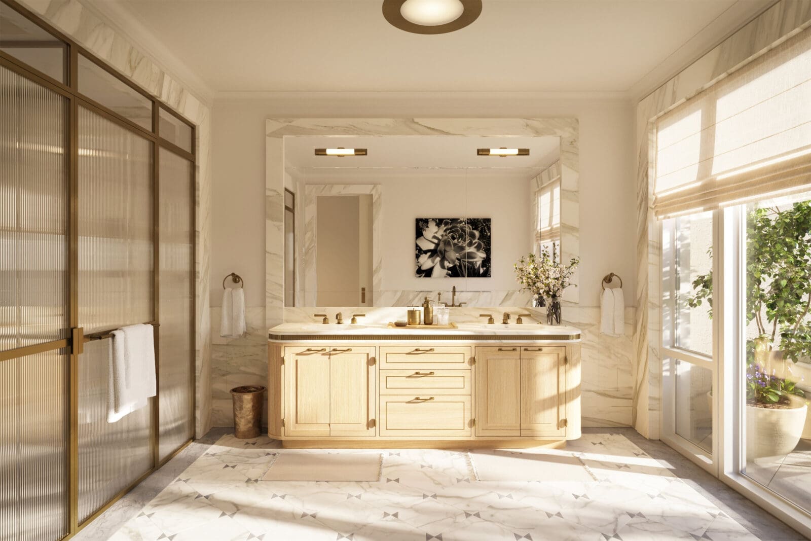 The bathroom boasts custom vanities, exceptional stonework, marble flooring, freestanding deep
soaking tubs, and custom-enclosed showers.