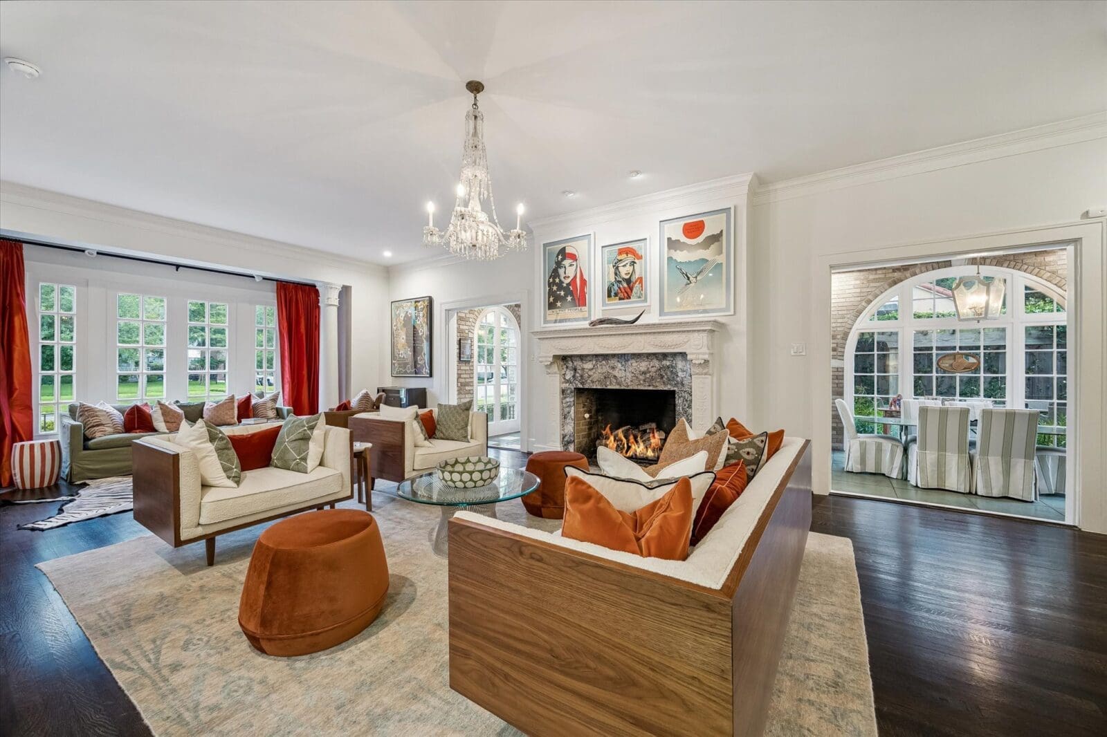 The living room opens to the formal dining room at 15 Courtlandt Place (Photo by Tk Images)