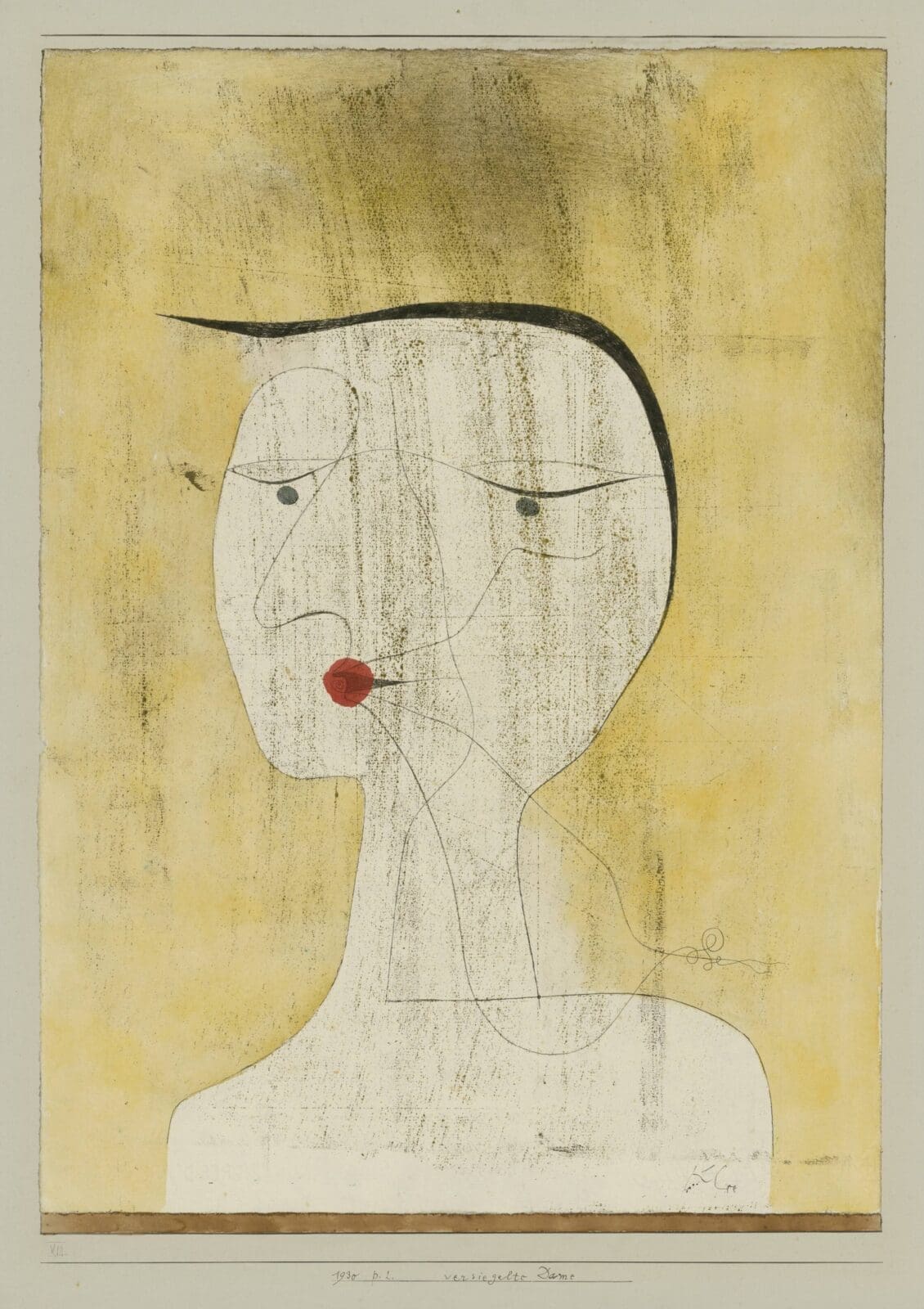 Paul Klee, “Sealed Lady,” 1930, pen and watercolor on paper on paperboard, Museum Berggruen, Neue Nationalgalerie, Berlin. Image courtesy MFAH.