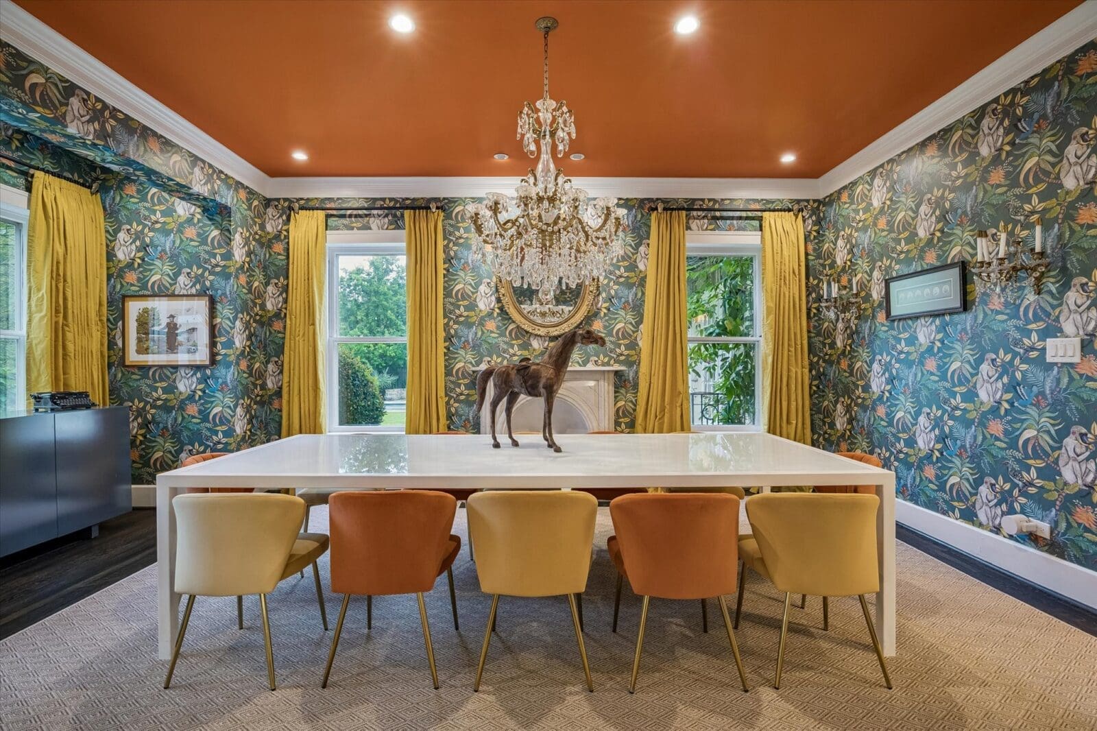 The dining room furnished with modern edge at 15 Courtlandt Place (Photo by Tk Images)