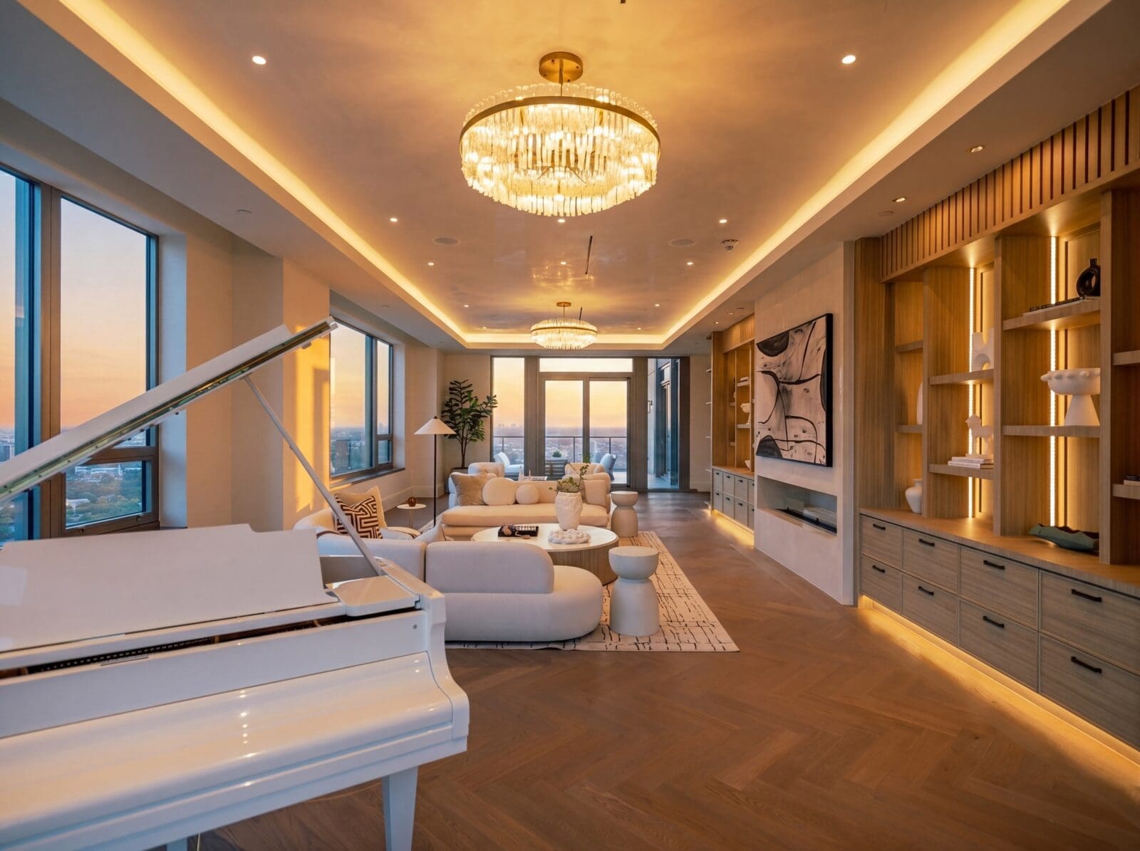 Entertaining spaces are lush in the Belfiore penthouse (Photo by Harry Stonhill)
