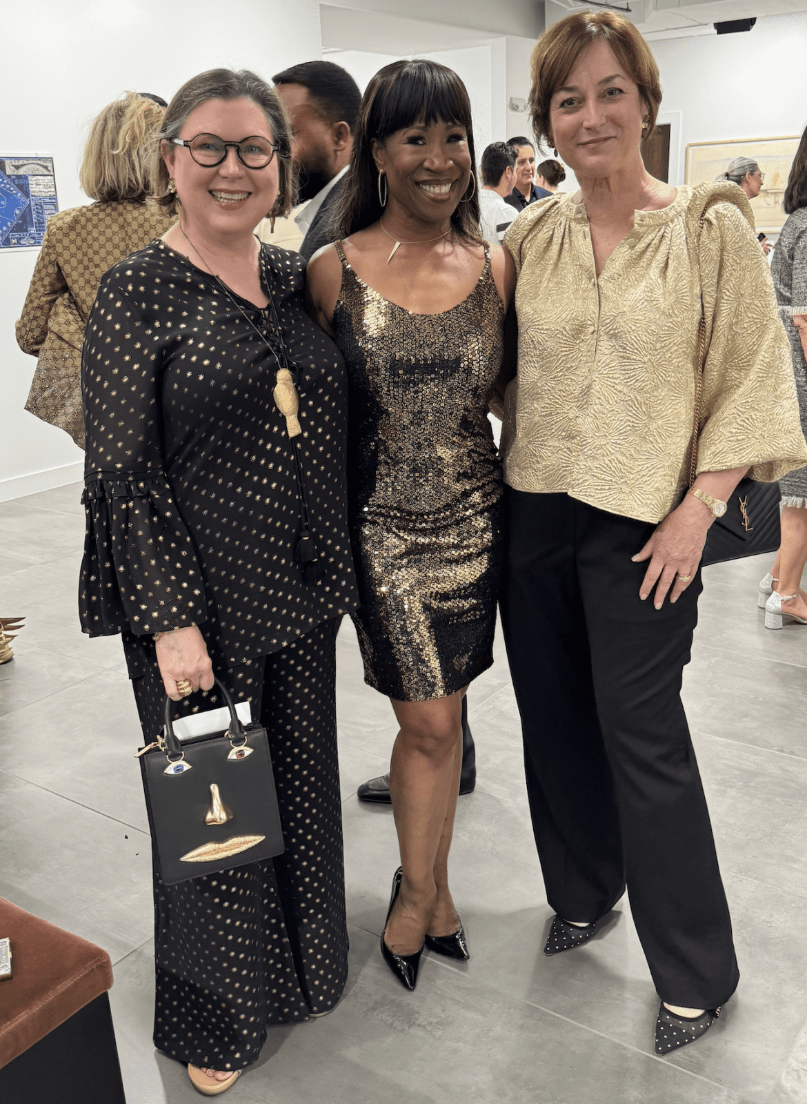 Co-chair Shawn Stephens, Lauren Anderson, co-chair Leigh Smith at the Houston Arts Alliance Gilded & Golden Kickoff (Photo by Hung L. Truong)