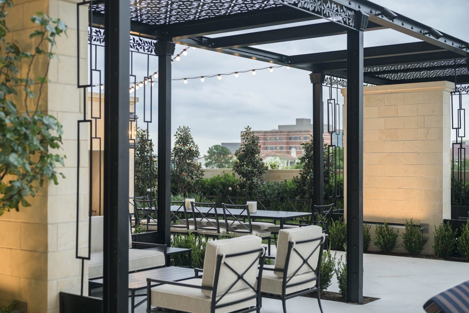A view of the gathering areas on The Langley's fourth floor amenities deck.