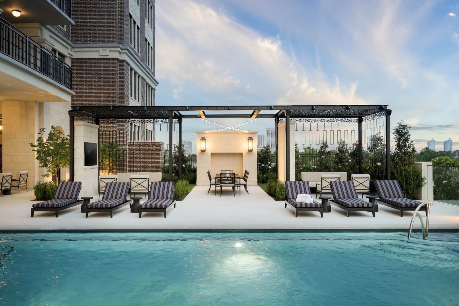 Dining areas and conversation corners provide numerous spaces for outdoor entertaining.