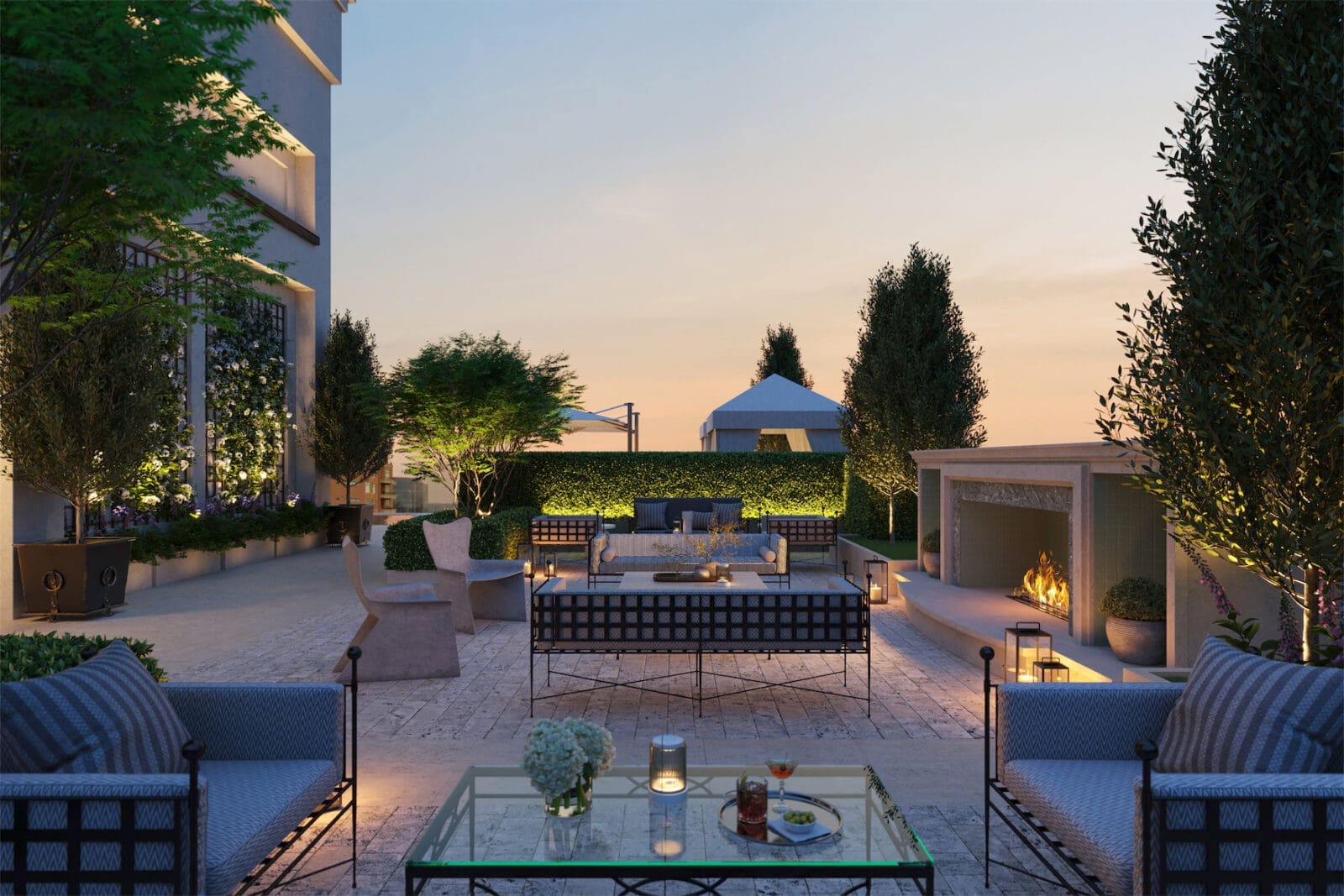 An outdoor rooftop deck garden is one of the amenities at the new Rosewood Residences Turtle Creek.