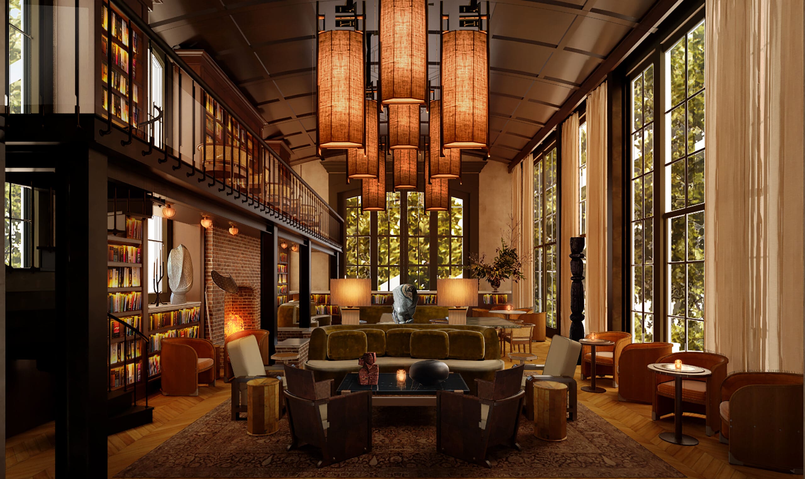 Members Living Room – The Birdsall, Auberge Collection; Interior Design and Rendering by Roman and Williams