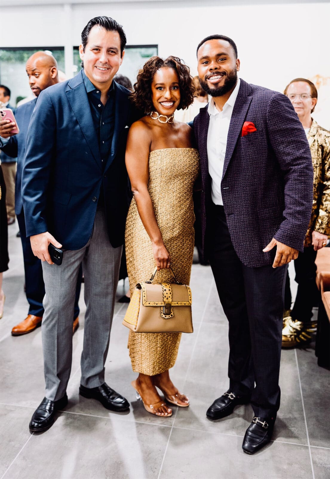 Board chair Sergio Selvera, HAA CEO Taylor Jackson, board member Cameron West at the Houston Arts Alliance Gilded & Golden Kickoff (Photo by Hung L. Truong)