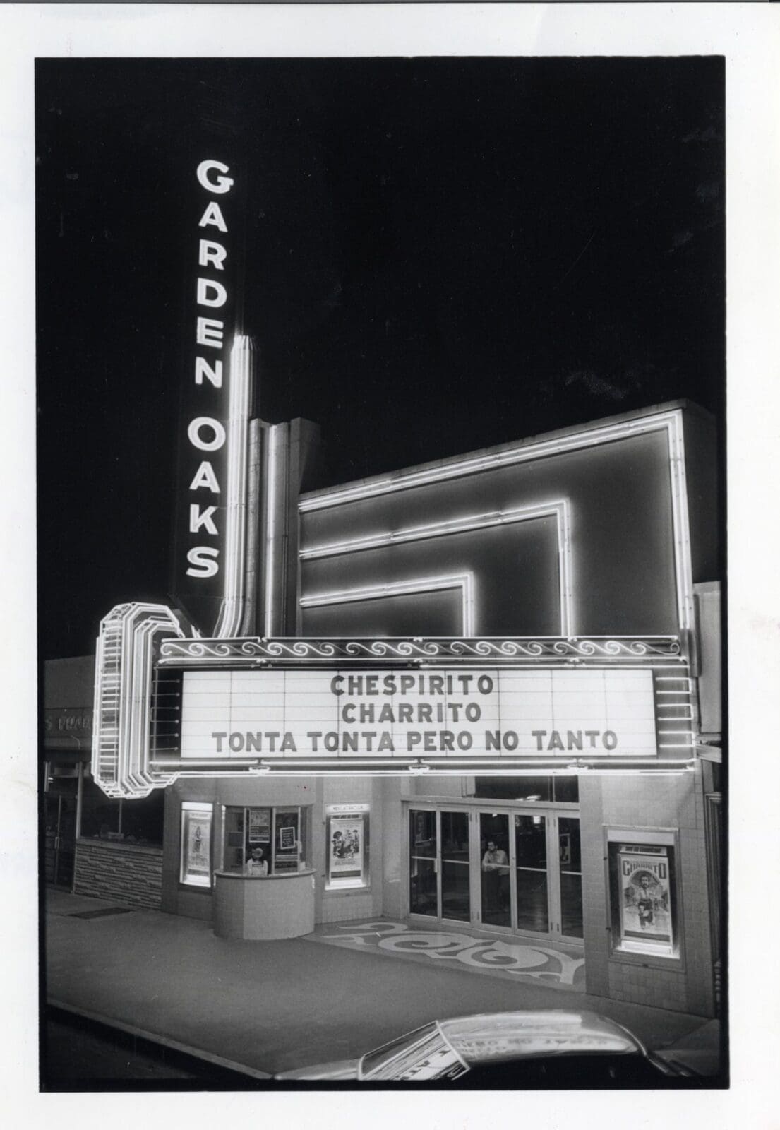 Garden Oaks Theater's marquee shines in 1984, welcoming moviegoers beneath the same lights that guided the neighborhood in 1947.