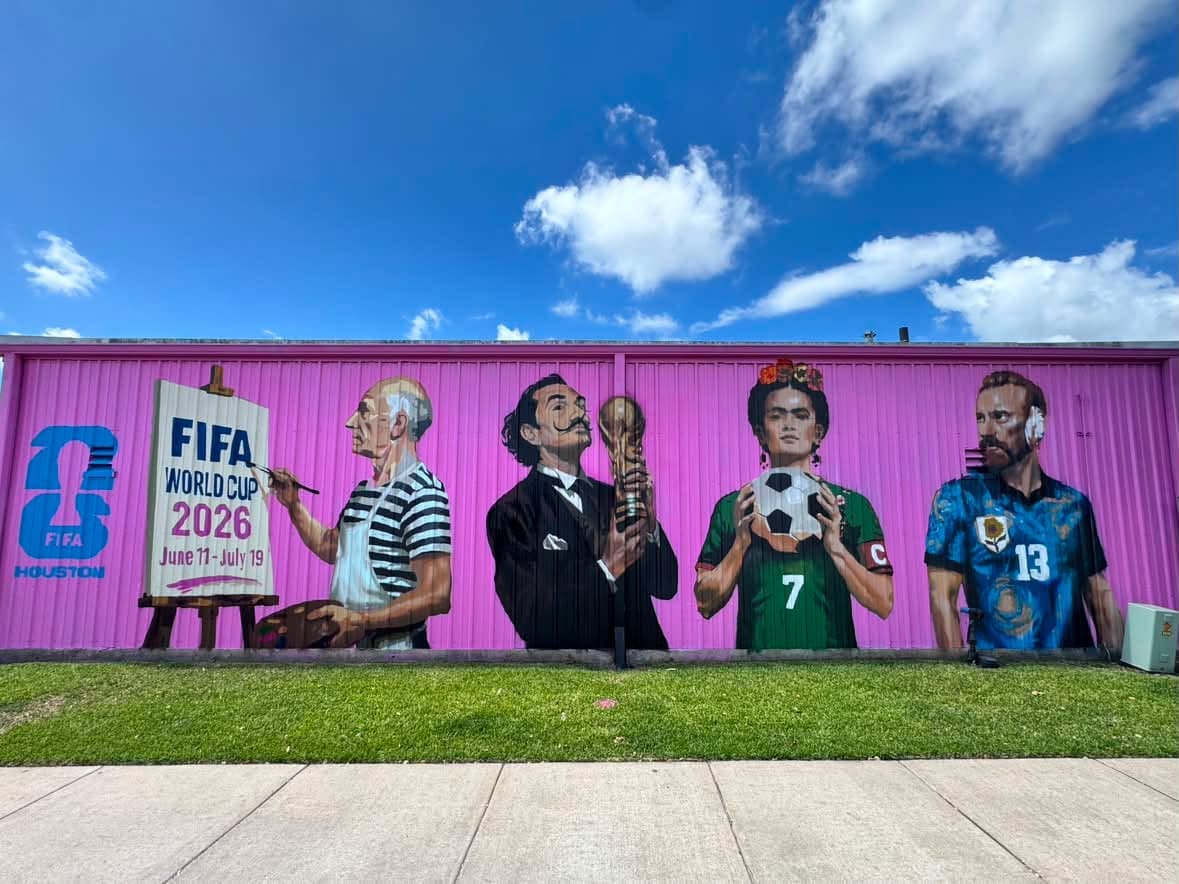 Artist Jatziri Barron's large scale mural "The Art of the Beautiful Game," 2026,is located in the Houston Arts District at 2219 Crockett Street. Pictures from left to right: Artists Pablo Picasso, Salvador Dalí, Frida Kahlo and Vincent Van Gogh. Barron was selected as one of seven official artists for the FIFA World Cup 2026 in Houston. (Photo by Paul Carrizales. Courtesy Jatziri Barron Studio)