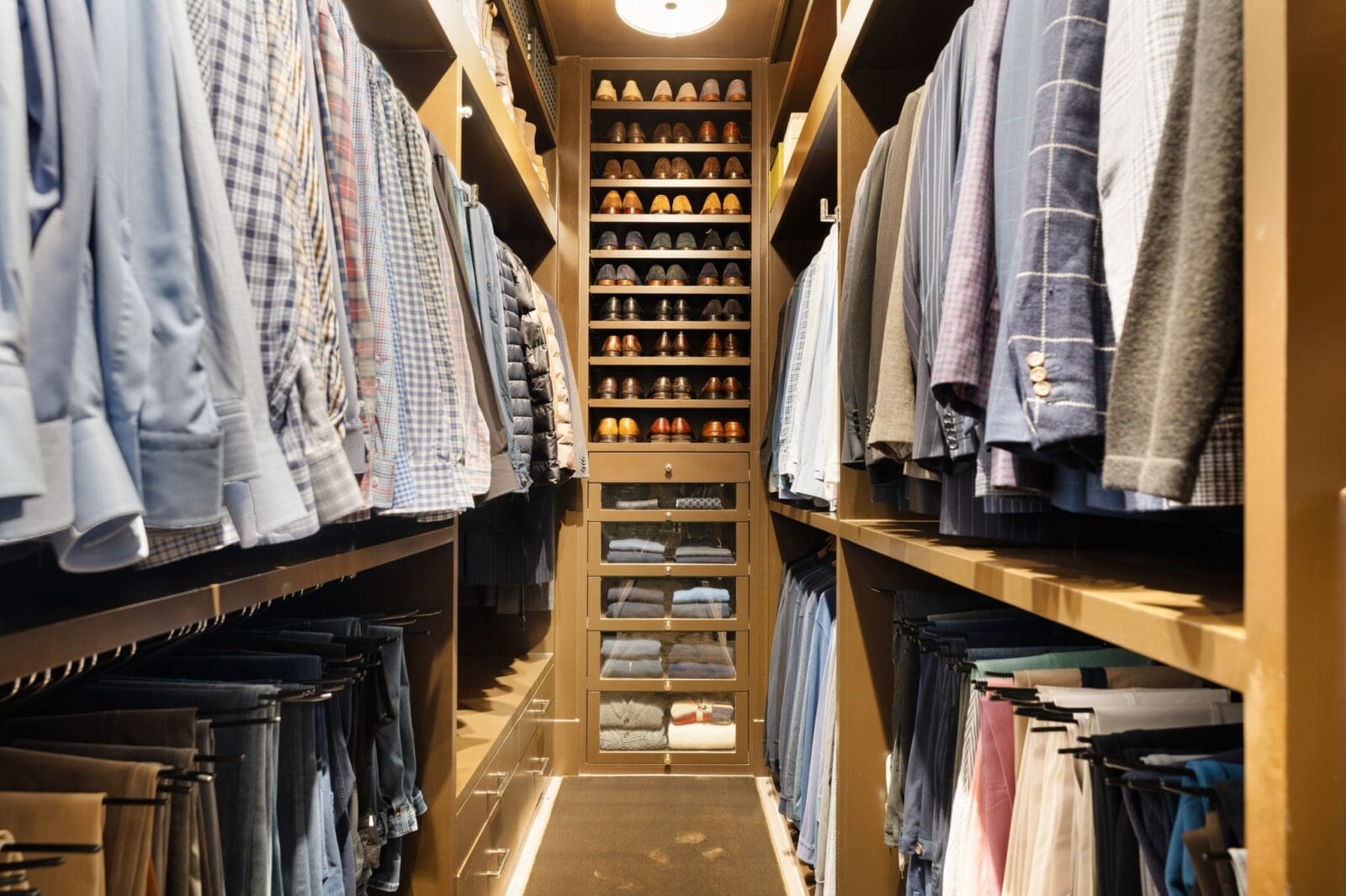 The highly organized walk-in closet in the primary suite at 2117 Elmen Street. (Photo by Aria Media)