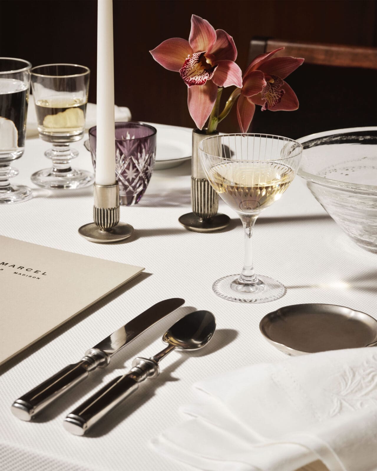 Bone Flatware and Kimiko Yasuda martini glass designed for Marcel. (Photo by Rich Stapleton)