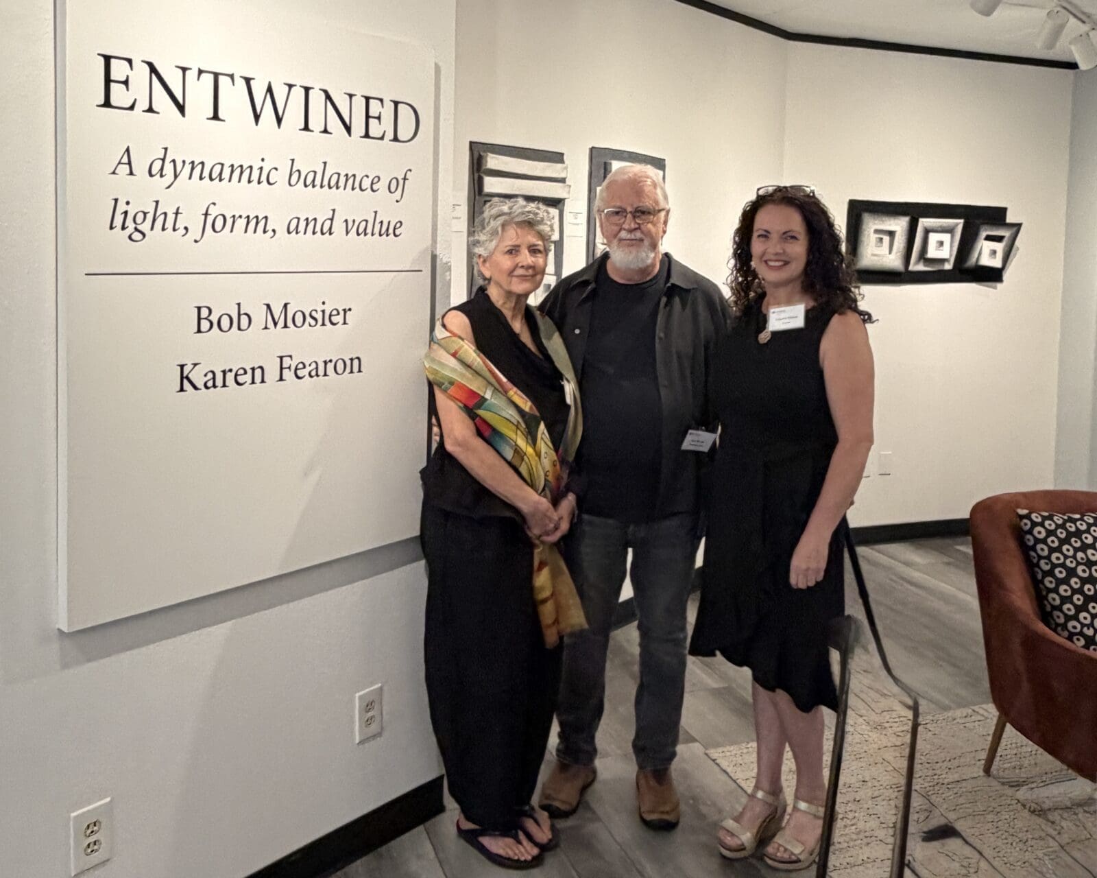 Exhibiting artists Karen Fearon and Bob Mosier with Curator Annette Palmer. (Photo courtesy of The Woodlands Art Council)