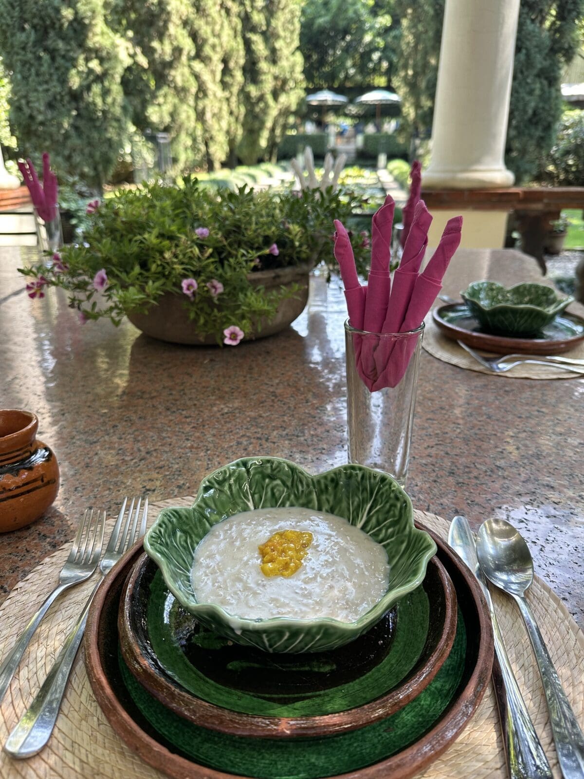 Feronia breakfast is served on the covered terrace overlooking the lily pond and mountains in the distance. (Photo by Shelby Hodge)