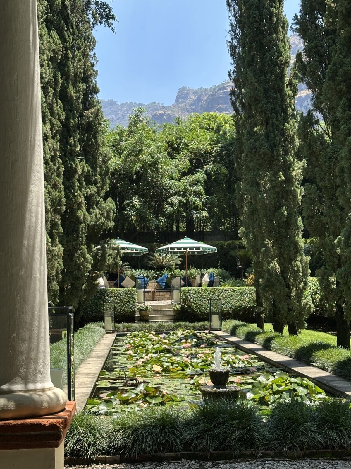 The view at Feronia from the lily pond or 'estanque' leads to the imposing Tepozteco mountains. (Photo by Shelby Hodge)