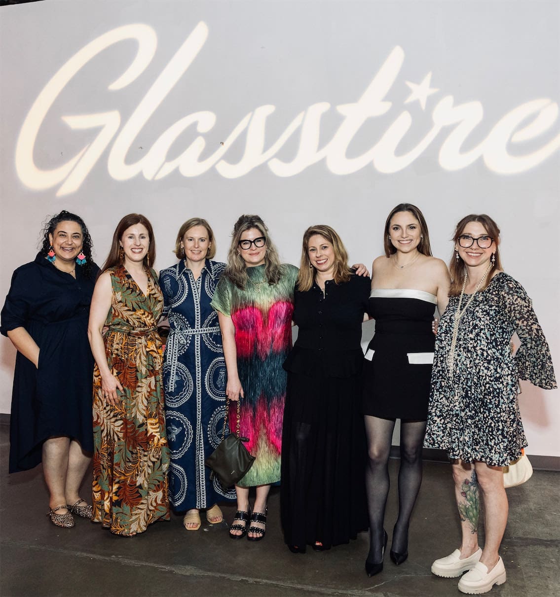Eleni Pappas, Linley Stroud, Madeline Kelly, Eve French, Sarah Foltz, Fendley Russell, Laura Bledsoe at Glasstire 25th Anniversary Party & Auction (Photo by Jenny Antill Clifton)