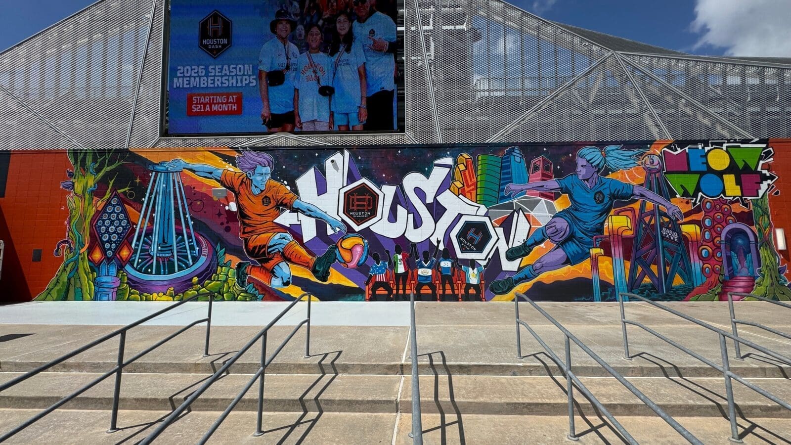 Houston art legend Gonzo247's mural, "Frequency of the City," 2026 was created in conjunction with Meow Wolf and Houston Dynamo FC. The mural is painted on the side of Shell Energy Stadium, where the Houston Dynamo and Houston Dash play. (Courtesy Gonzo247, Meow Wolf and Houston Dynamo FC)