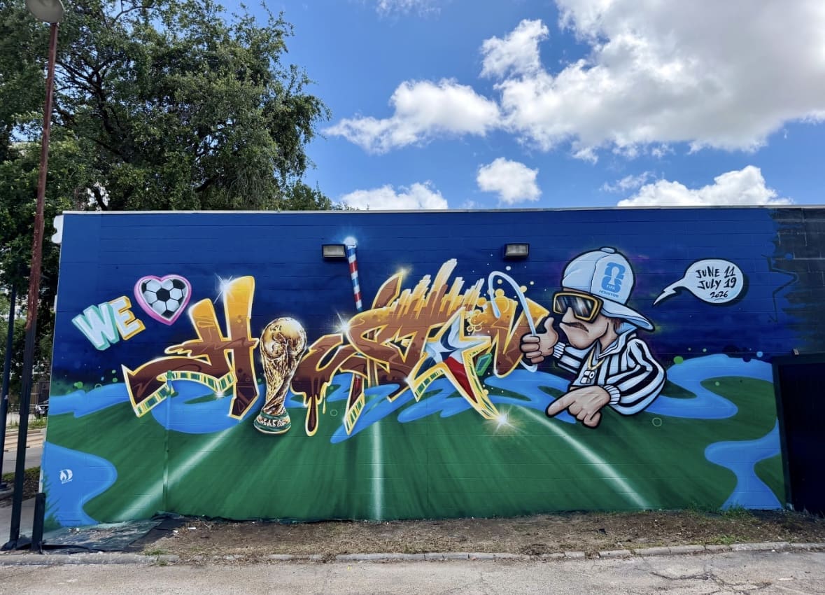 Artist Sebastien "Mr. D 1987" Boileau's mural "The Bayou-tiful Game," 2026 appears at 2415 Main Street, Houston.(Photo by Eyeful Art)