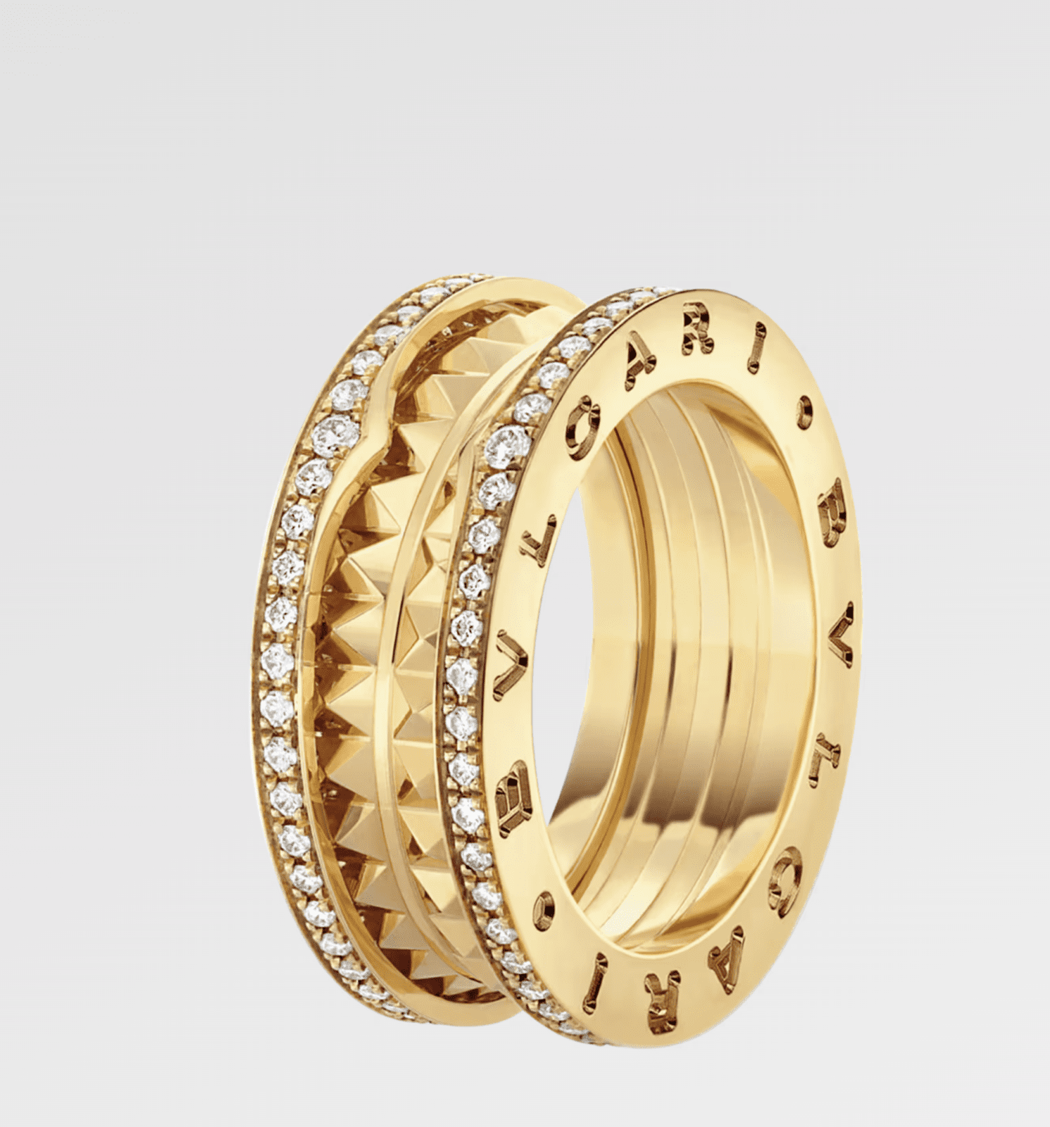 B.zero1 Rock two-band ring in 18 kt gold with studded pave and spiral diamonds, $13,000