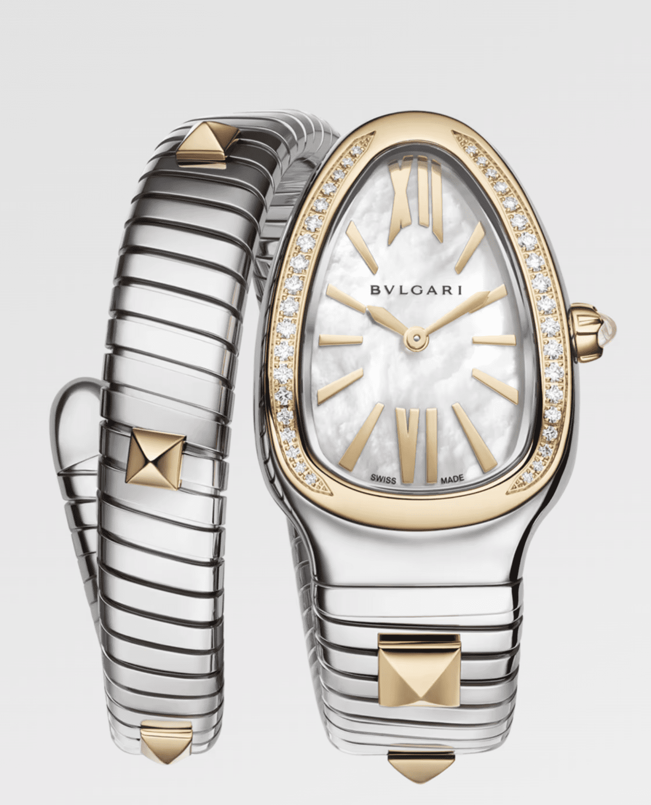 Serpenti Tubogas 18 kt gold and  steel watch with diamond-set bezel and mother-of-pearl dial, $15,900