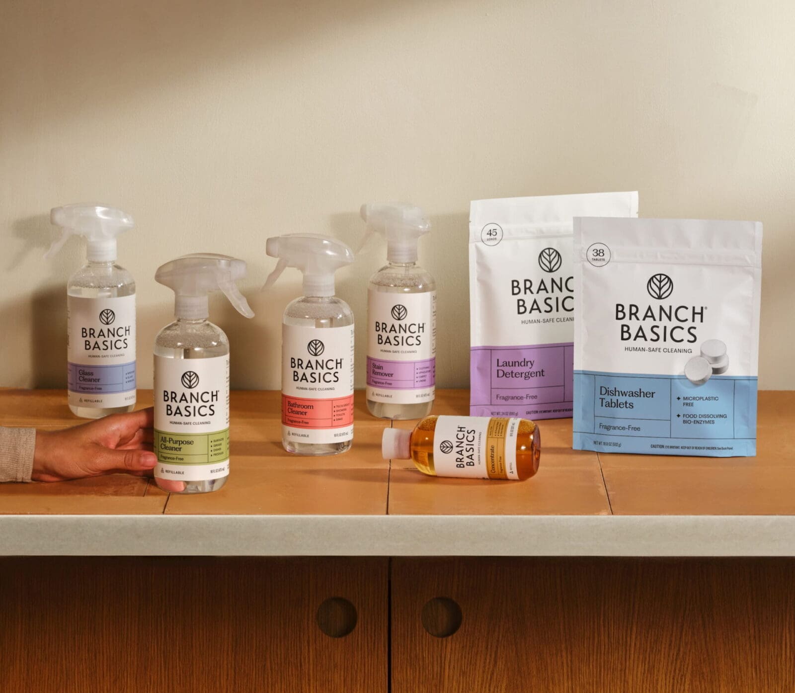 Branch Basics products are fragrance-free, plant-based, and hypoallergenic, strong enough to remove the toughest stains, yet gentle enough for a baby's bottom.